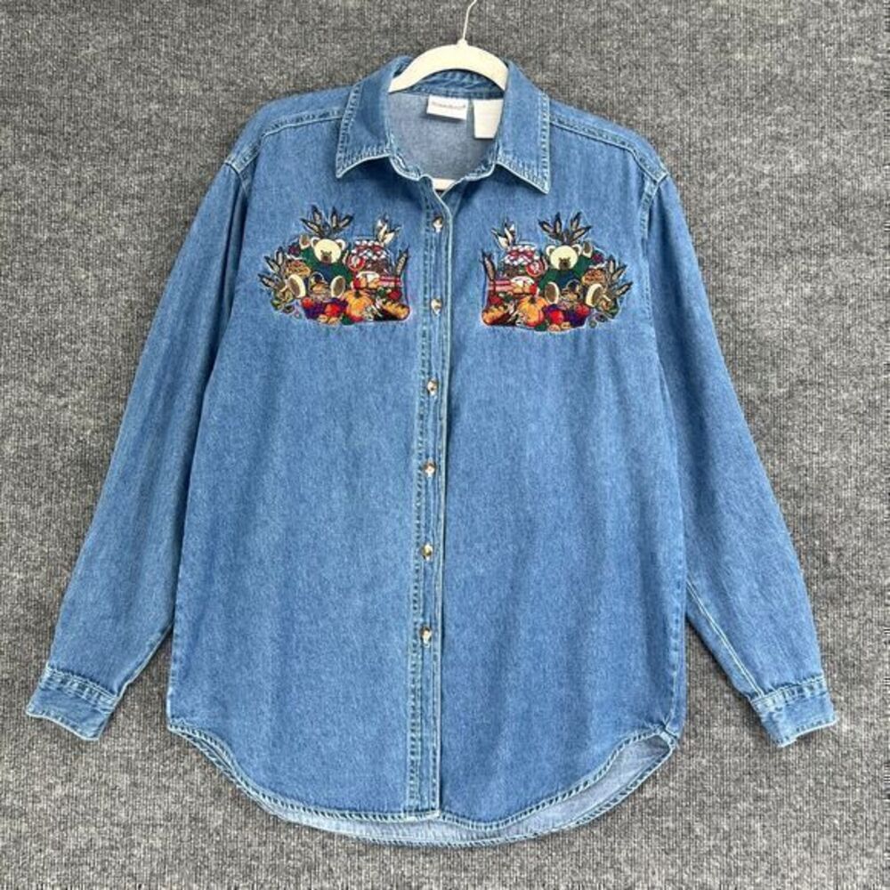 Vintage Bobbie Brooks Denim Jean Shirt Womens S Embroidered Georgia State Fair